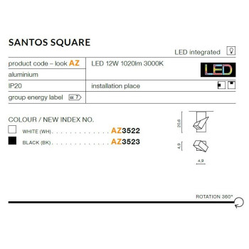 Oprawa sufitowa Santos Square czarna AZ3523 - Azzardo