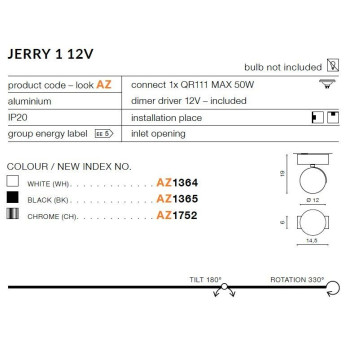Oprawa sufitowa JERRY 1 12V czarna AZ1365 - Azzardo