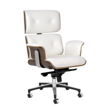 Fotel biurowy LOUNGE BUSINESS biały - sklejka orzech,włoska skóra naturalna, stal polerowana YS-6809.WHITE.WALNUT - King