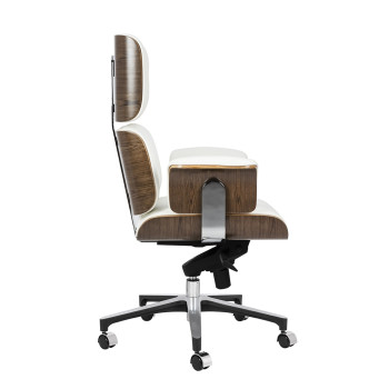 Fotel biurowy LOUNGE BUSINESS biały - sklejka orzech,włoska skóra naturalna, stal polerowana YS-6809.WHITE.WALNUT - King Home